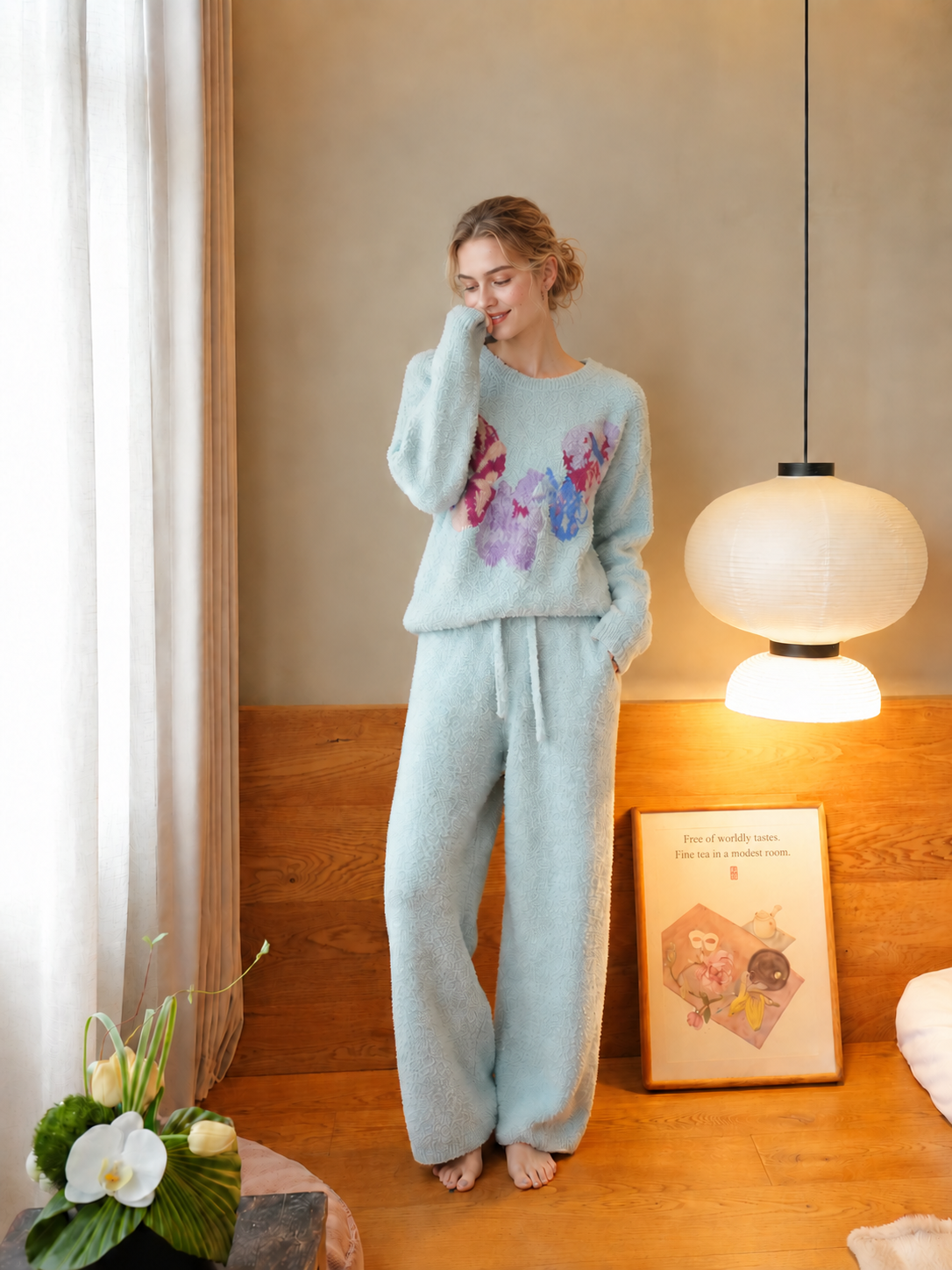 Cream Colorful Floral Print Crew Neck Half Fleece Pajama Set Women's Warm Winter Loungewear - Image 5
