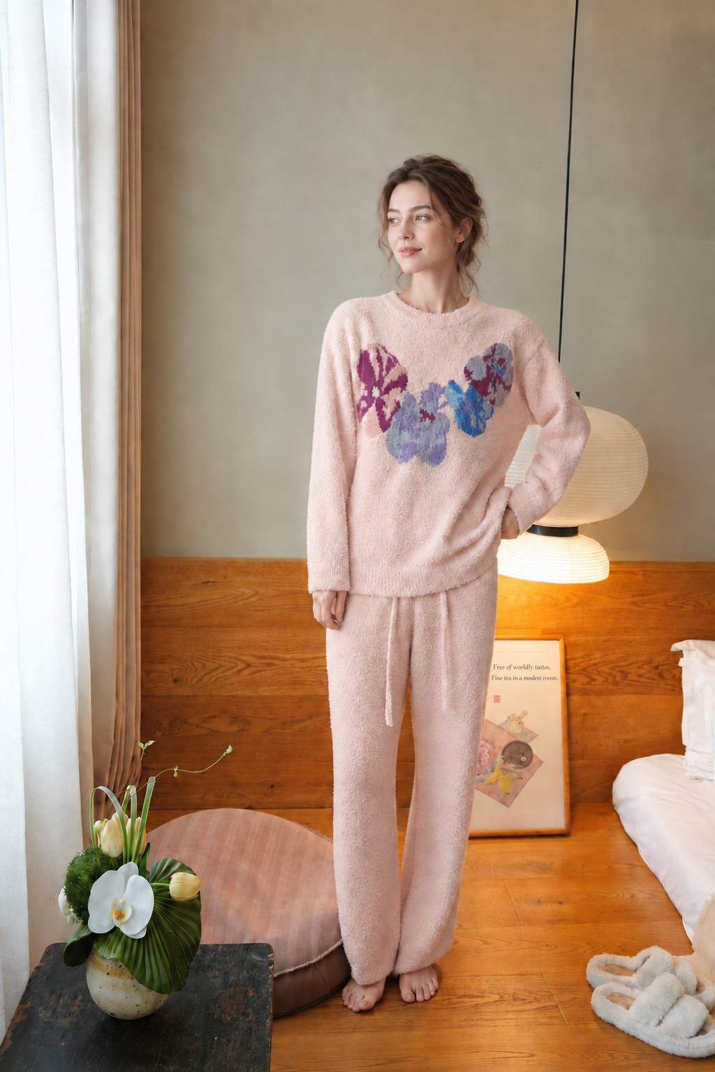 Cream Colorful Floral Print Crew Neck Half Fleece Pajama Set Women's Warm Winter Loungewear - Image 11
