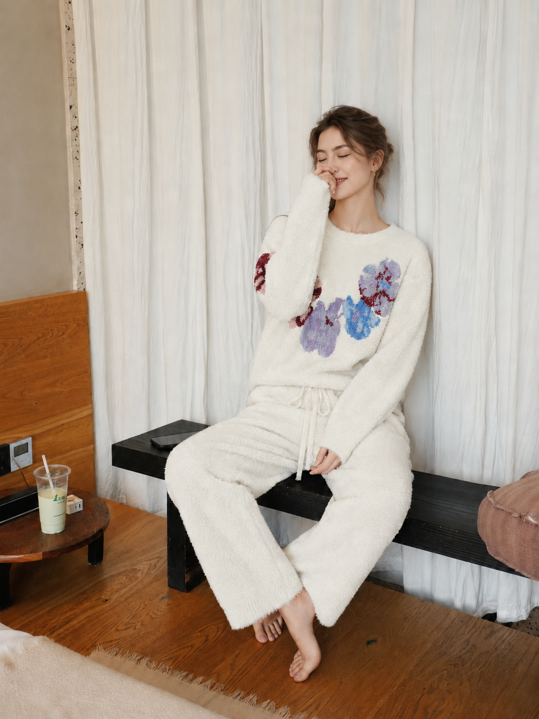 Cream Colorful Floral Print Crew Neck Half Fleece Pajama Set Women's Warm Winter Loungewear - Image 21