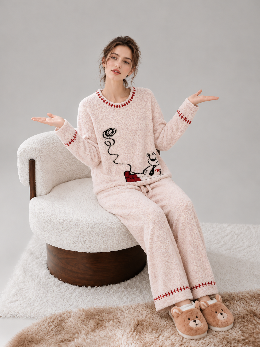 Women's Pale Pink Half Fleece Pajama Set, Round Neck Long Sleeve Top & Drawstring Wide Leg Pants, Bear Jacquard Pattern, Red Stitched Trim Detail