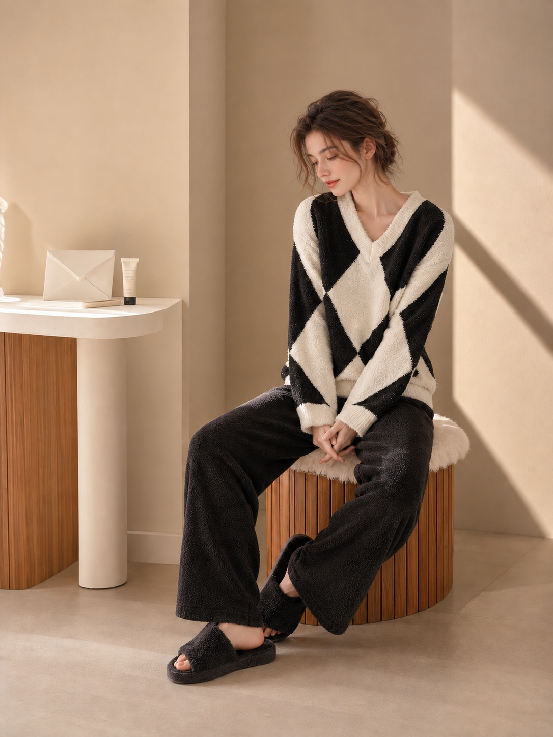 Women's Two-Tone Argyle Half Fleece Pajama Set, V-Neck Long Sleeve Top & Black Wide Leg Pants, Side Pocket Detail, Relaxed Fit