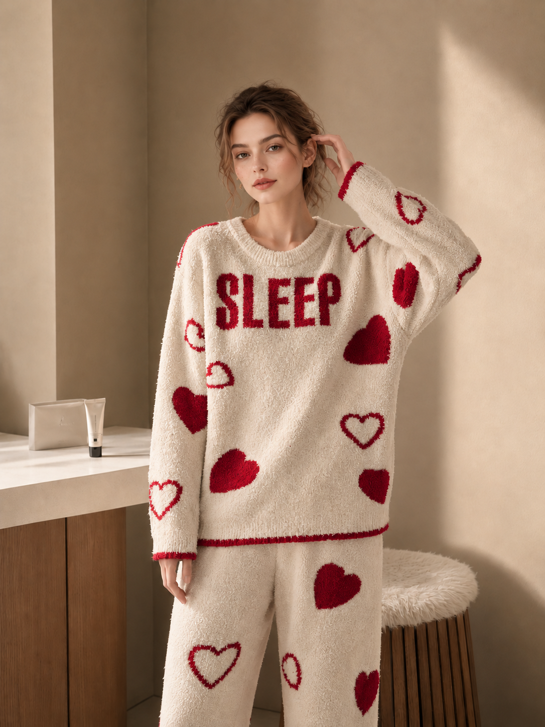 Women's Cream and Red Half Fleece Pajama Set, Crew Neck Long Sleeve Pullover Top & Elastic Waist Wide Leg Pants, Heart Pattern, Contrast Trim Detail