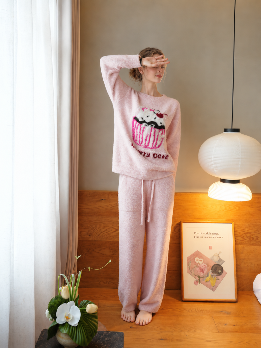 Women's Pink Half Fleece Pajama Set, Crew Neck Long Sleeve Top & Drawstring Wide Leg Trousers, Cherry Cake Pattern, Pocket Detail