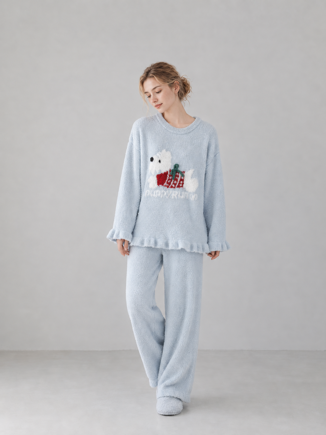 Women's Sky Blue and White Half Fleece Pajama Set, Crew Neck Long Sleeve Top & Elastic Waist Wide Leg Trousers, Puppy Jacquard Pattern, Ruffled Hem Detail