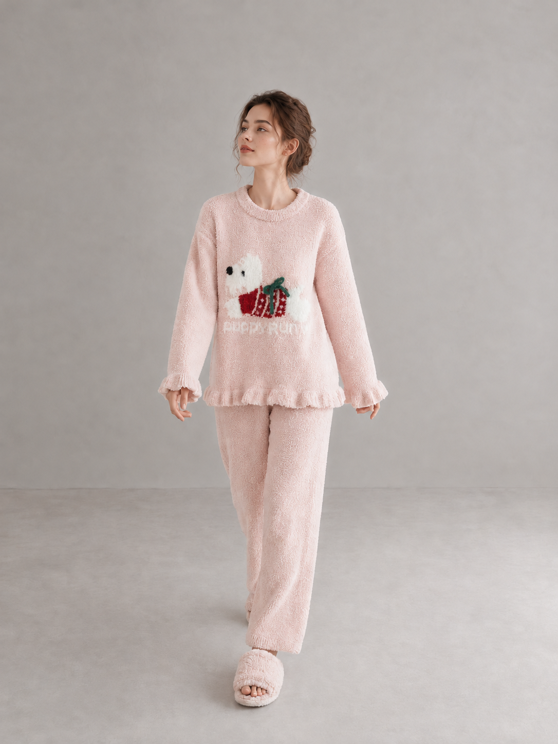 Women's Blush Pink and White Half Fleece Pajama Set, Crew Neck Long Sleeve Top & Elastic Waist Wide Leg Trousers, Puppy Jacquard Pattern, Ruffled Hem Detail