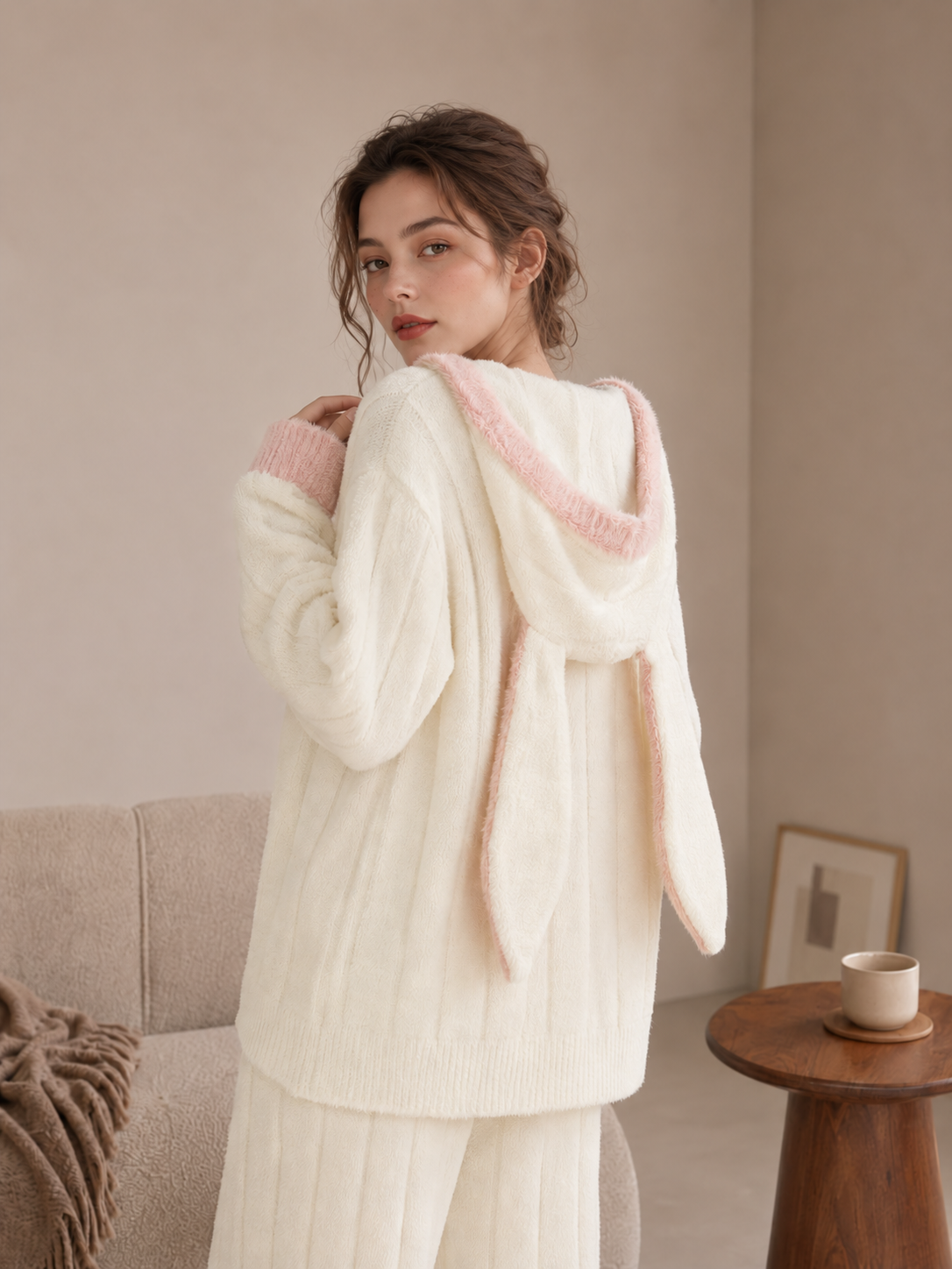 Women's Cream and Pink Half Fleece Pajama Set, Hooded with Bunny Ears Full Button Top & Elastic Waist Wide Leg Trousers, Vertical Ribbed, Chest Heart Embellishment, Furry Trim Detail