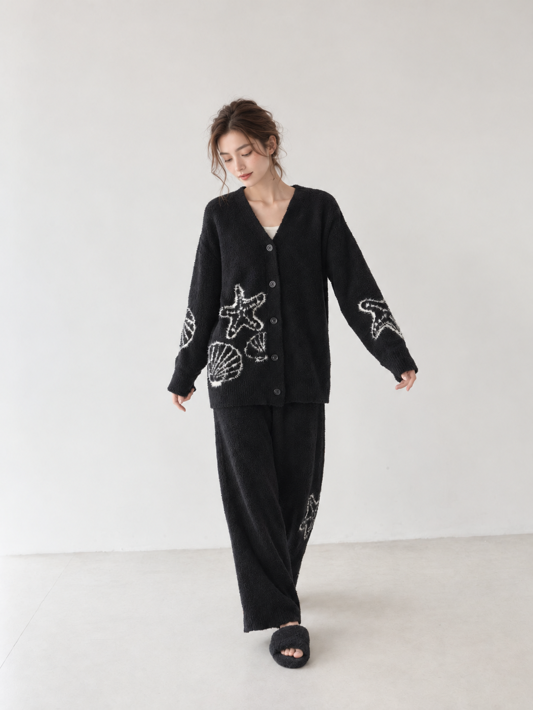 Women's Black Half Fleece Loungewear Set, V-neck Button Cardigan & Wide Leg Pants, Starfish Intarsia Sleeve Detail, Side View