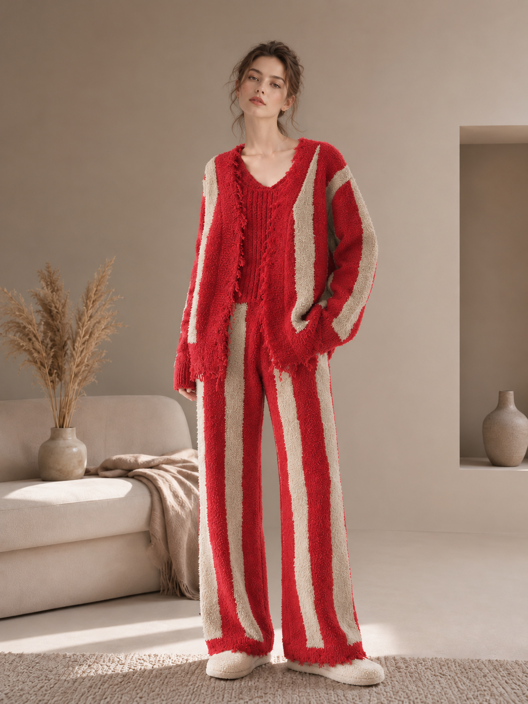 Women's Red & Beige Half Fleece 3-Piece Lounge Set, Vertical Stripe Frayed Trim Cardigan & V-neck Cami & Belted Wide Leg Pants, Full Body Front View