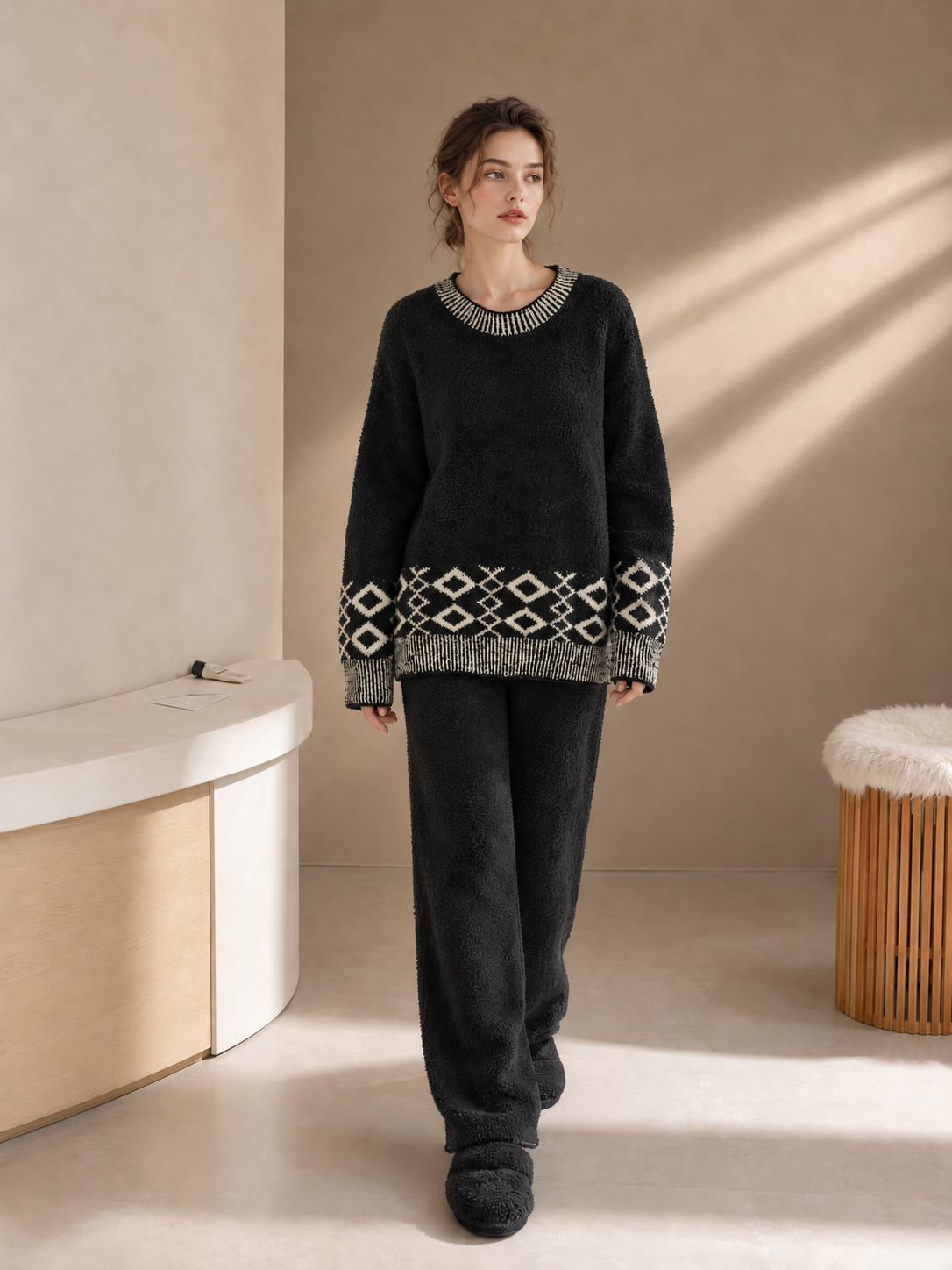 Women's Black Half Fleece Lounge Set, Diamond Geometric Jacquard Crew Neck Top & Relaxed Fit Pants, Front View