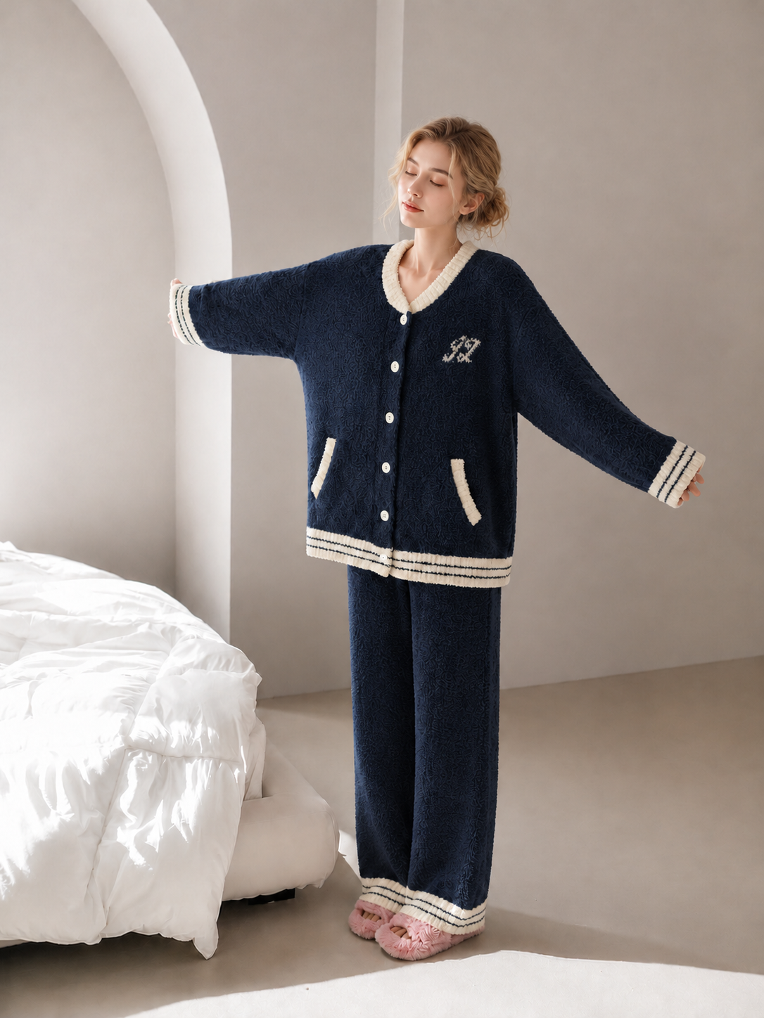 Navy Blue & Cream Half Fleece Two-Piece Loungewear Set, Varsity Cardigan with Side Pockets, Striped Trim Long Pants