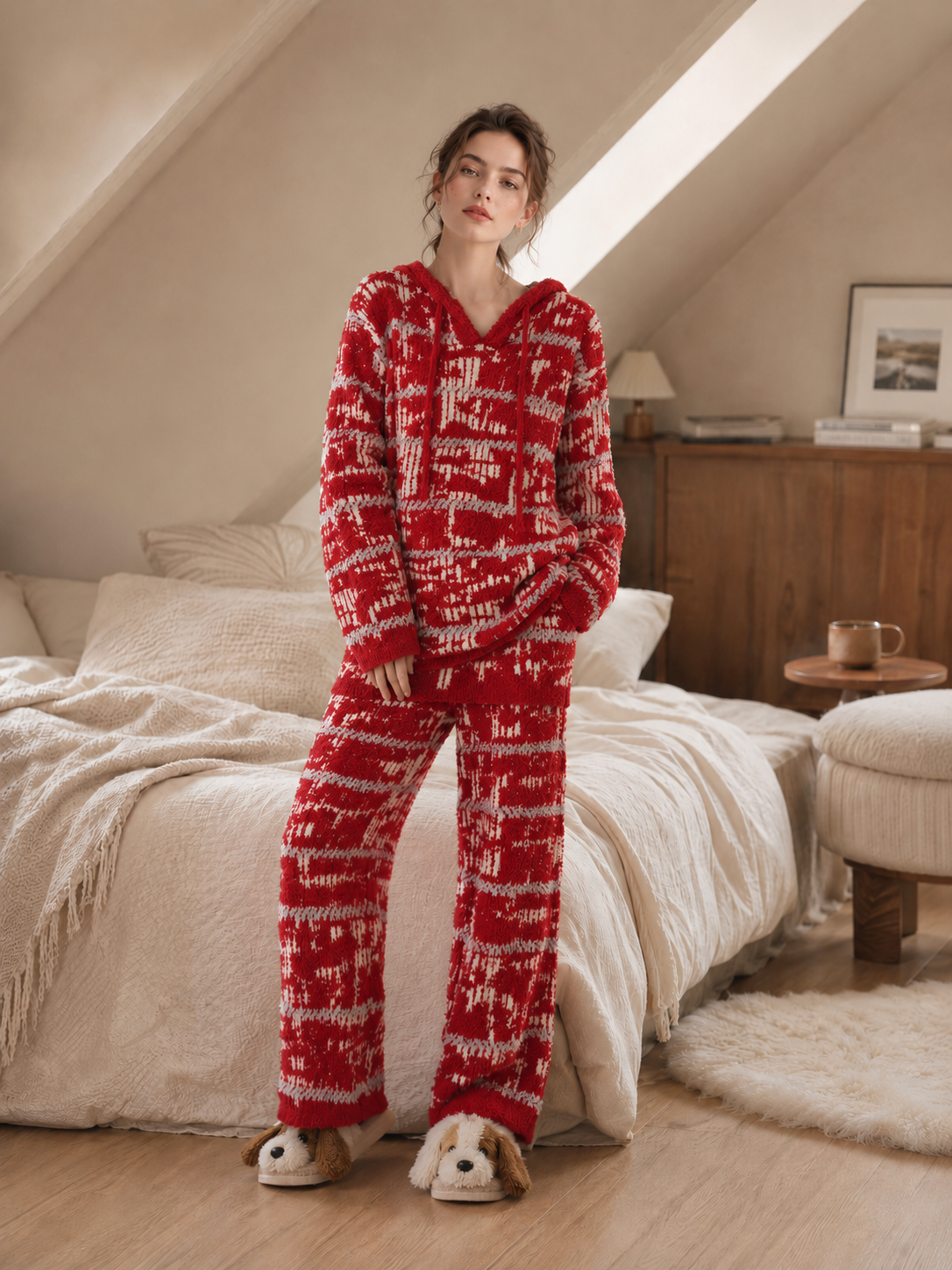 Women's Red and Light Gray Half Fleece Pajama Set, Drawstring Hooded Long Sleeve Top & Wide Leg Trousers, Abstract Patterned Jacquard Craft