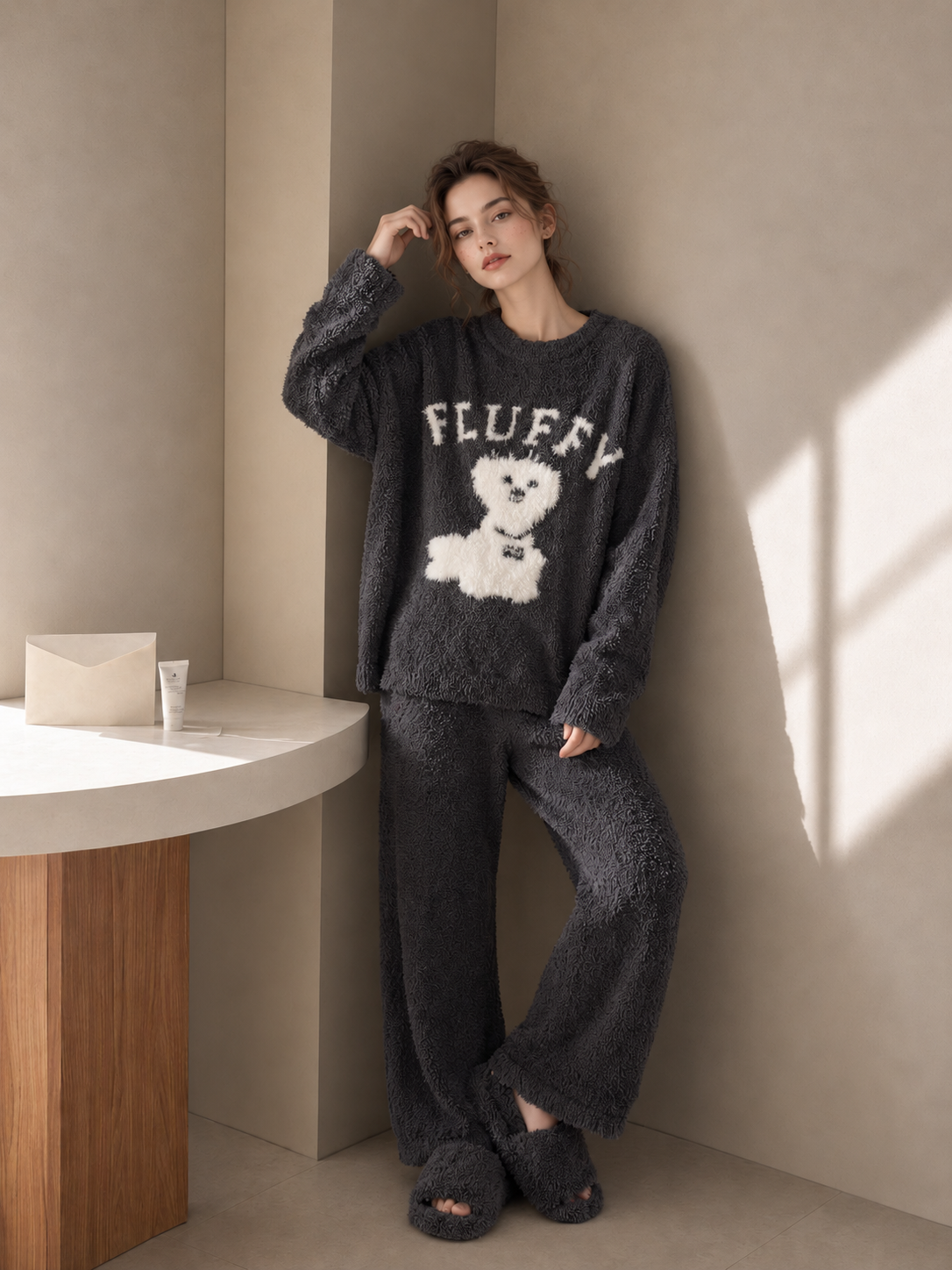 Women's Charcoal Gray Half Fleece Pajama Set, Crew Neck Long Sleeve Top & Wide Leg Pants, Cartoon Puppy and Letter Jacquard on Chest