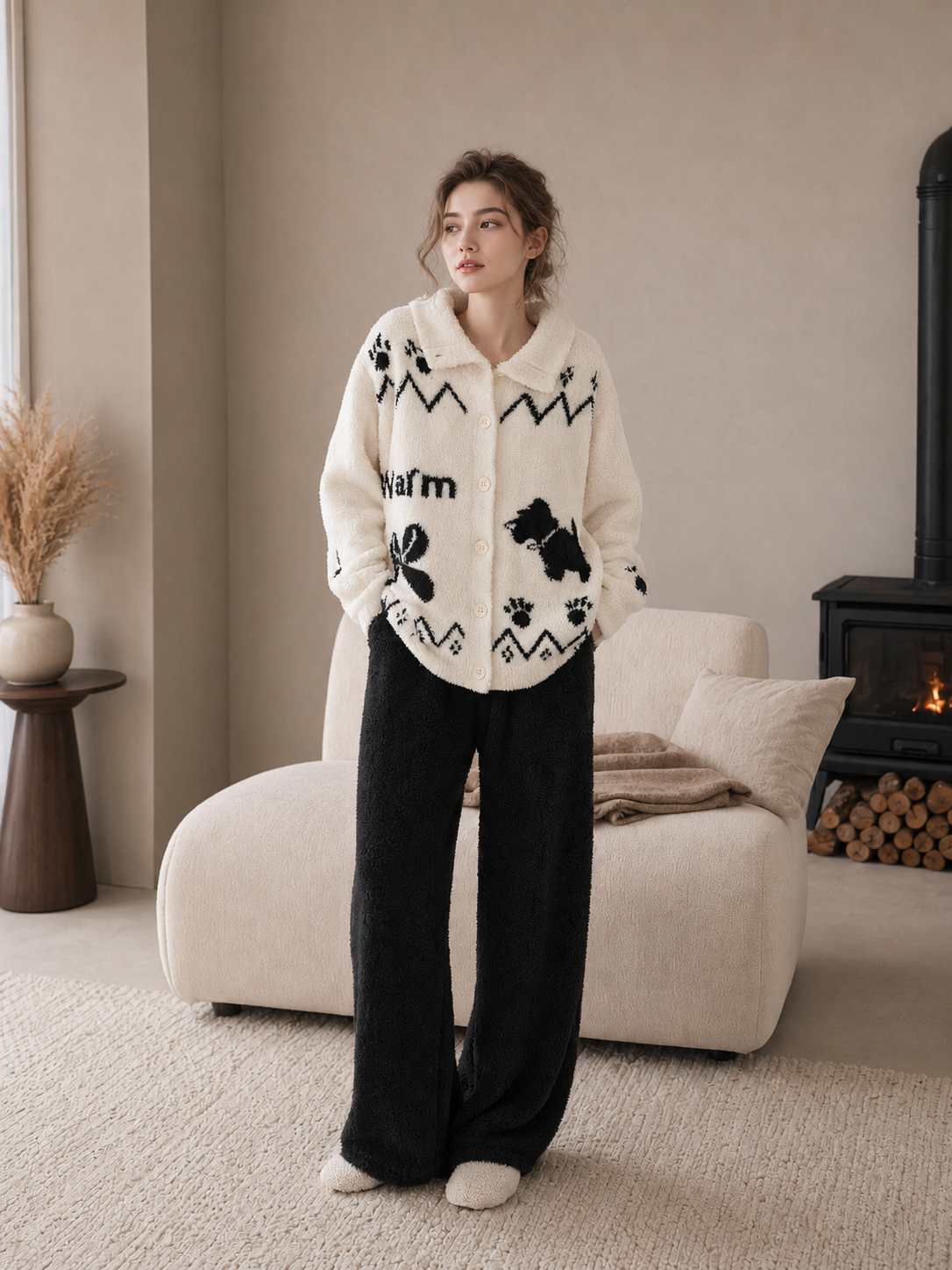 Women's Cream & Black Half Fleece Pajama Set, Collared Button-Front Long Sleeve Top & Wide Leg Trousers, Puppy Motif with Letter & Bow Jacquard
