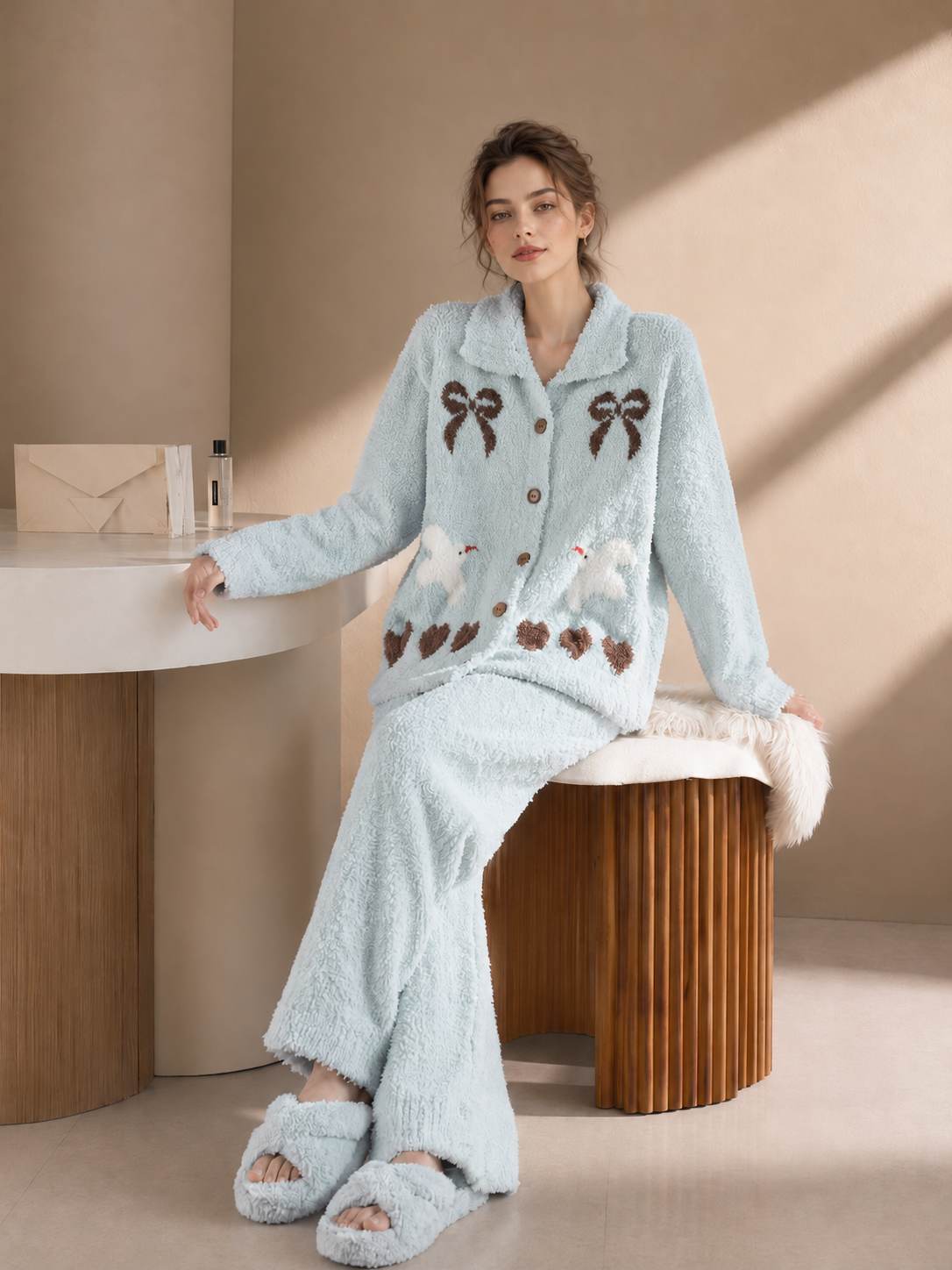 Women's Light Blue Half Fleece Pajama Top Detail, Notched Collar Button Front, Bow Dove Heart Chest Jacquard Pattern