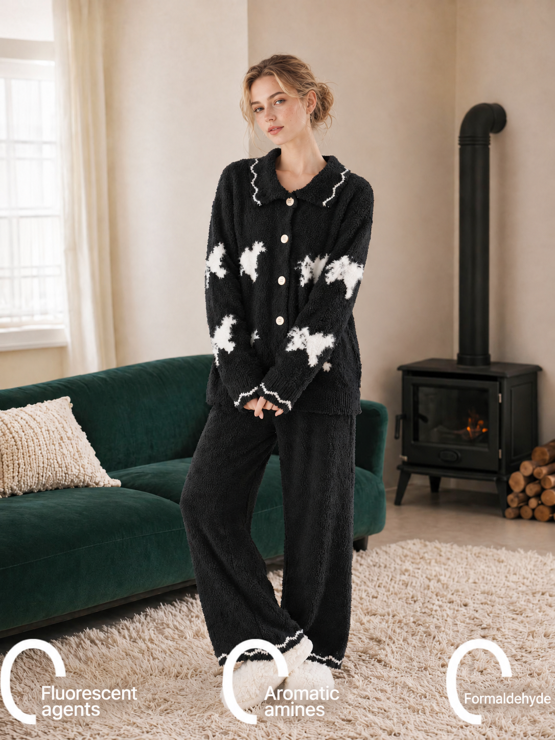 Women's Black Half Fleece Pajama Set, Button-Front Collared Long Sleeve Top & Wide Leg Trousers, White Puppy Jacquard Motif