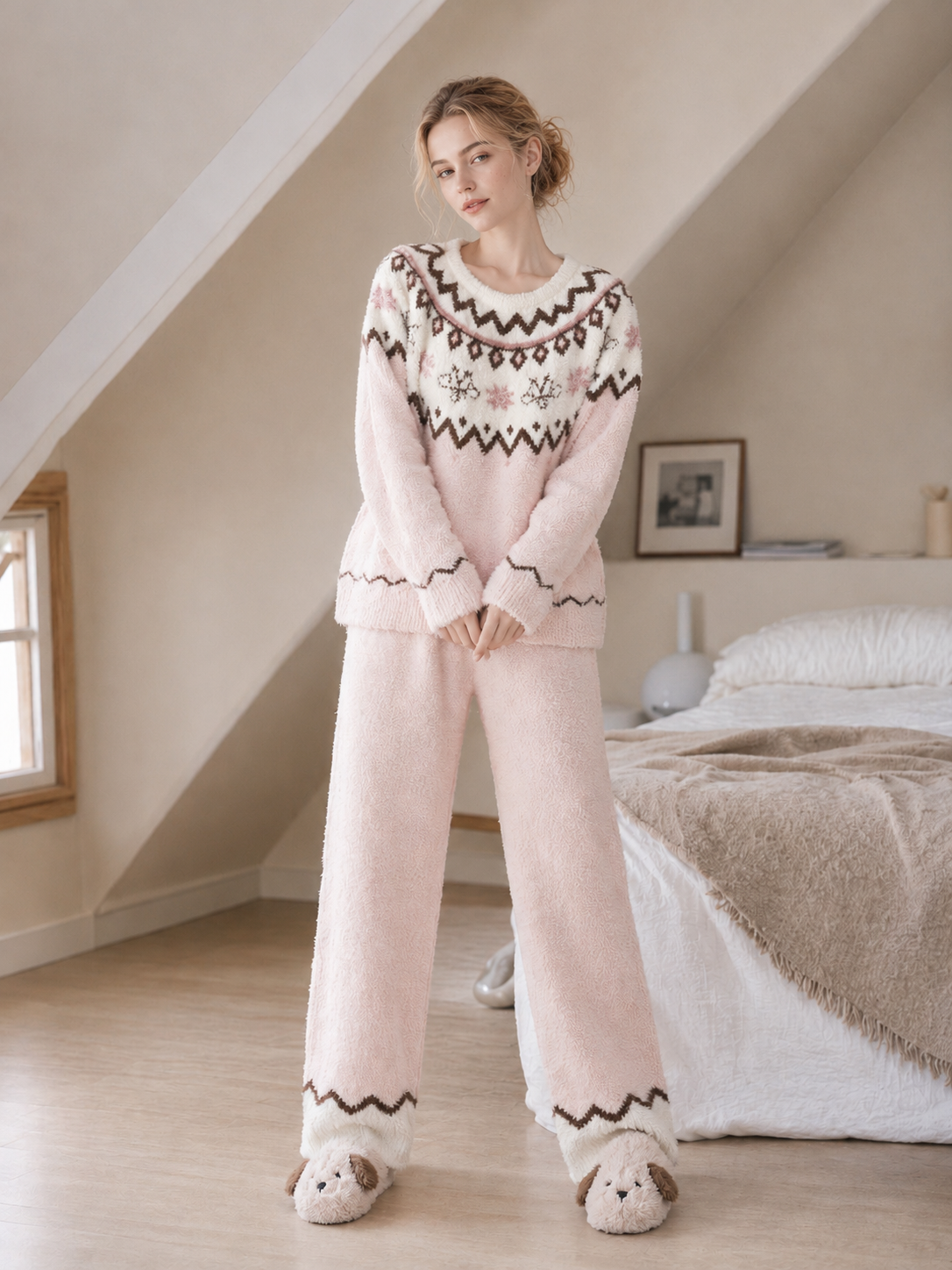 Women's Pink & Cream Half Fleece Sleepwear Set, Crew Neck Long Sleeve Fair Isle Jacquard Top & Wide Leg Pants, Zigzag Trimmed Pant Hems