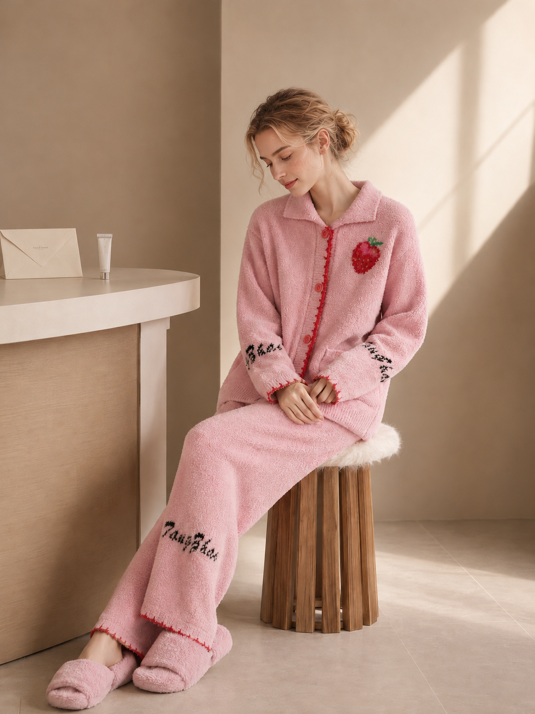 Women's Pink Half Fleece Pajama Set, Shirt Collar Full Button Long Sleeve Top & Elastic Waist Wide Leg Trousers, Strawberry & Letter Embroidery, Shell Edge Trim & Front Pocket Detail