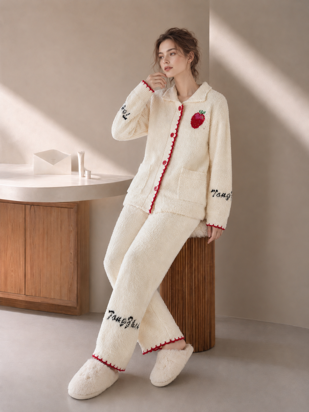 Women's Cream Half Fleece Pajama Set, Lapel Collar Full Button Long Sleeve Top & Elastic Waist Wide Leg Trousers, Letter & Strawberry Embroidery, Shell Edge Trim & Pocket Detail