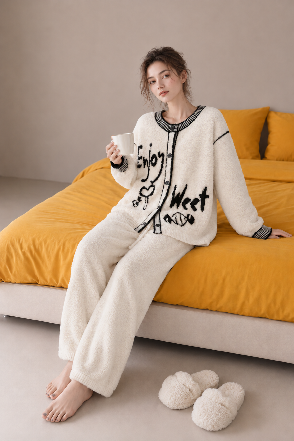 Off-White Half Fleece Two-Piece Loungewear Set, Crew Neck Button Cardigan with Graffiti Letter Graphic, Drawstring Pants