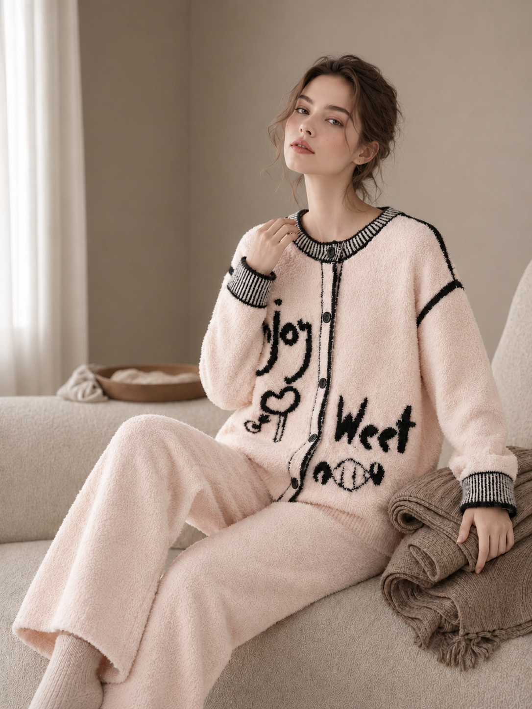 Light Pink & Black Half Fleece Two-Piece Lounge Set, Crew Neck Button Cardigan with Graffiti Motif, Drawstring Waist Pants