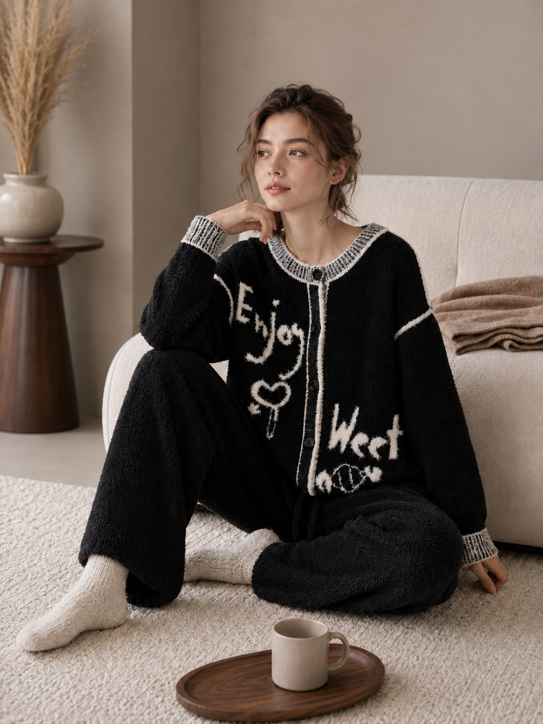 Black & White Half Fleece Two-Piece Lounge Set, Crew Neck Button Cardigan with Graffiti Motif, Drawstring Waist Pants