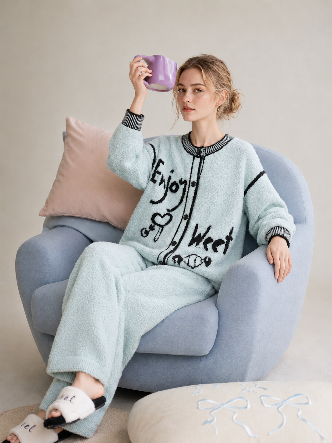 Light Blue & Black Half Fleece Two-Piece Lounge Set, Crew Neck Button Cardigan with Graffiti Motif, Drawstring Waist Pants
