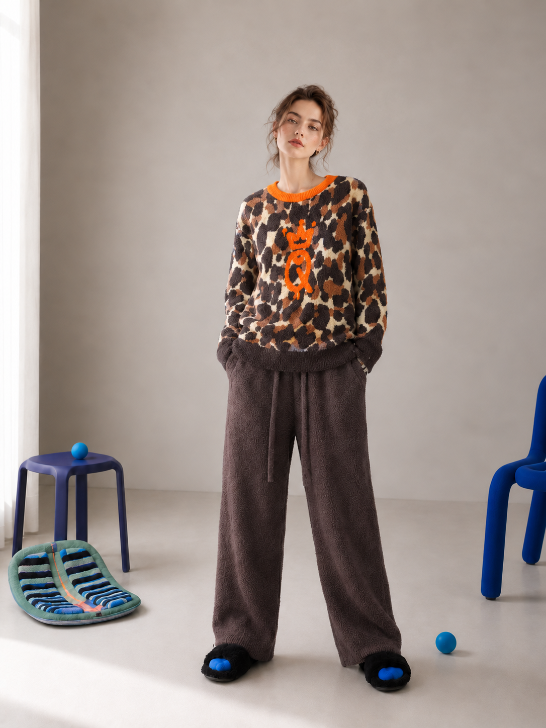 Dark Brown & Leopard Half Fleece Two-Piece Lounge Set, Orange Contrast Collar Top with Crown Motif, Drawstring Waist Pants