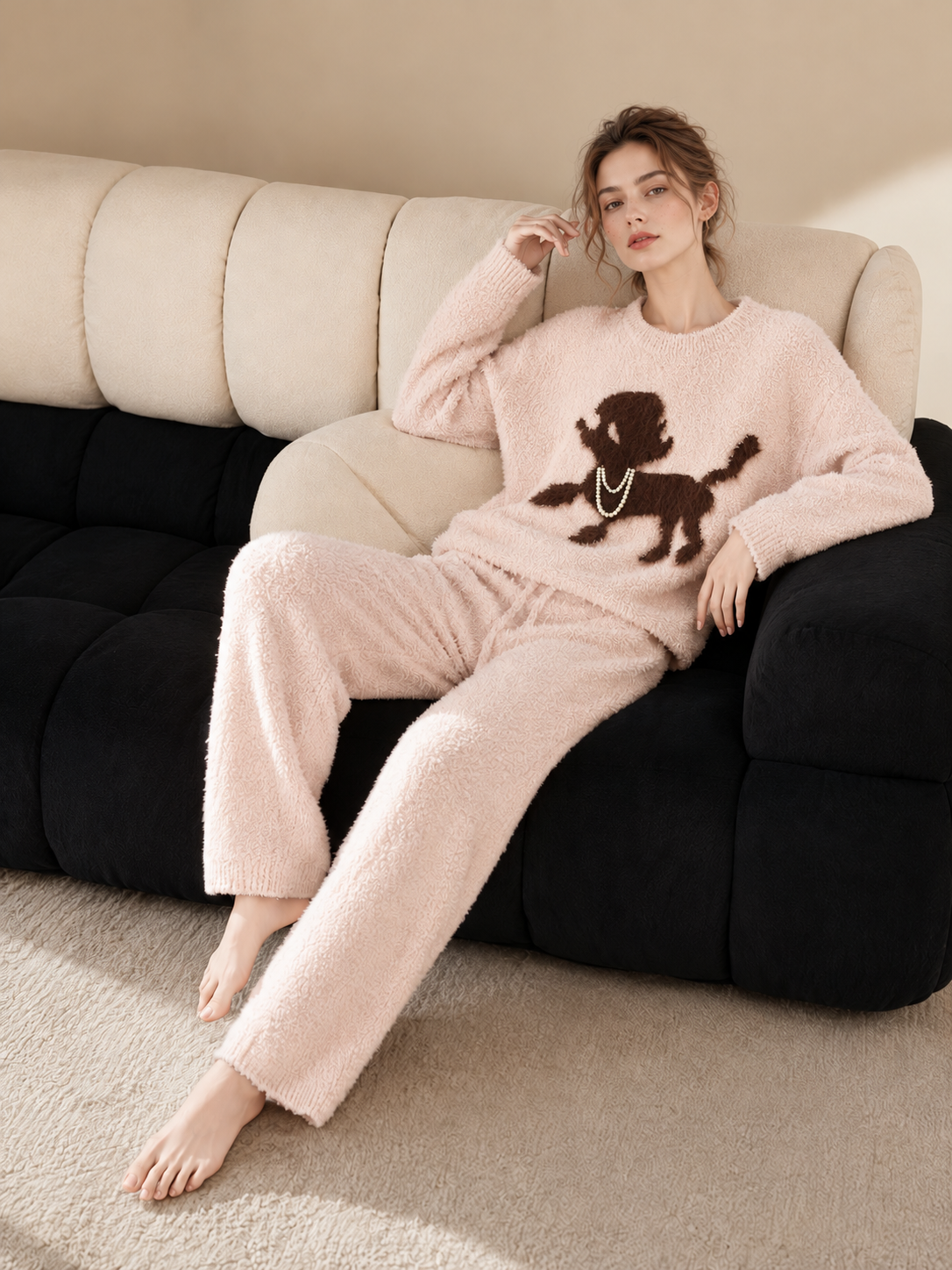 Women's Light Pink Half Fleece Loungewear Set, Crew Neck Long Sleeve Top & Drawstring Pants, Brown Puppy Graphic with Pearl Accent