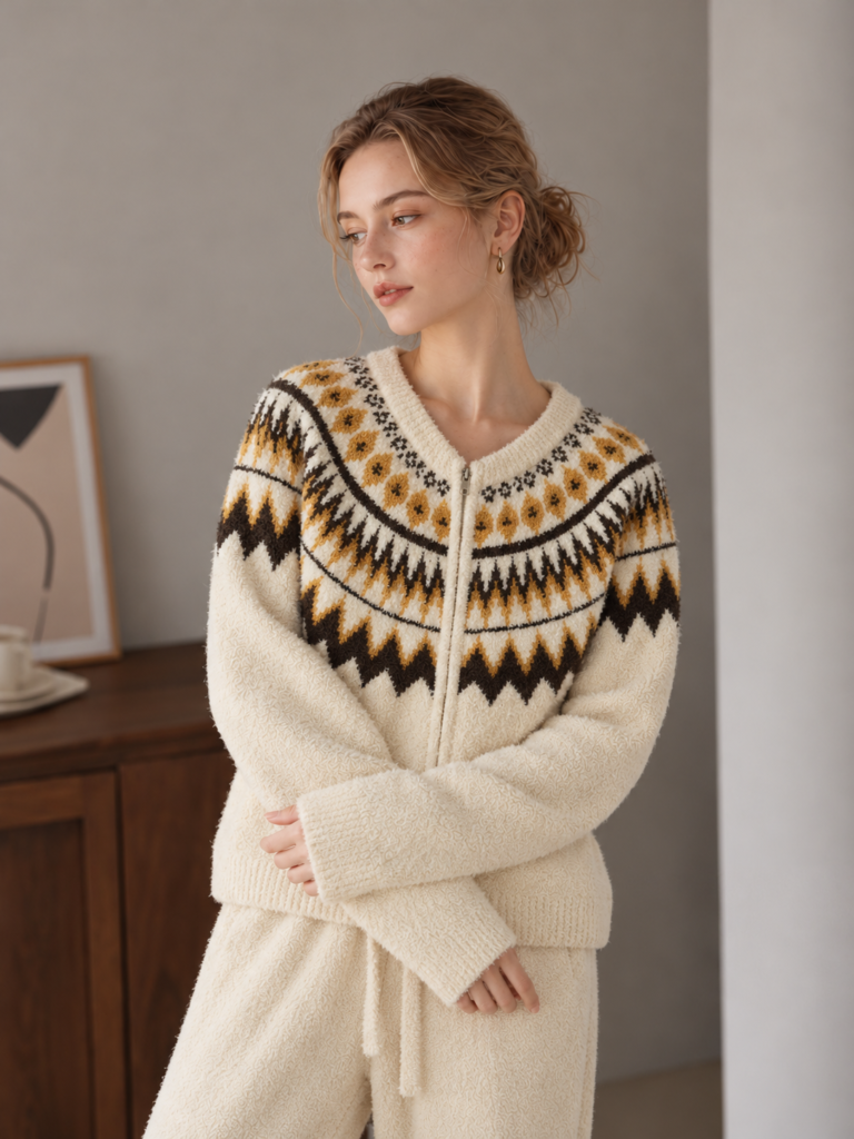 Women's cream half velvet pajama top detail, Fair Isle jacquard zip-up round neck loungewear top