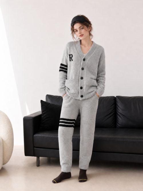 R Letter Varsity Stripe V-Neck Half Fleece Pajama Set Women's Heather Grey Warm Winter Loungewear