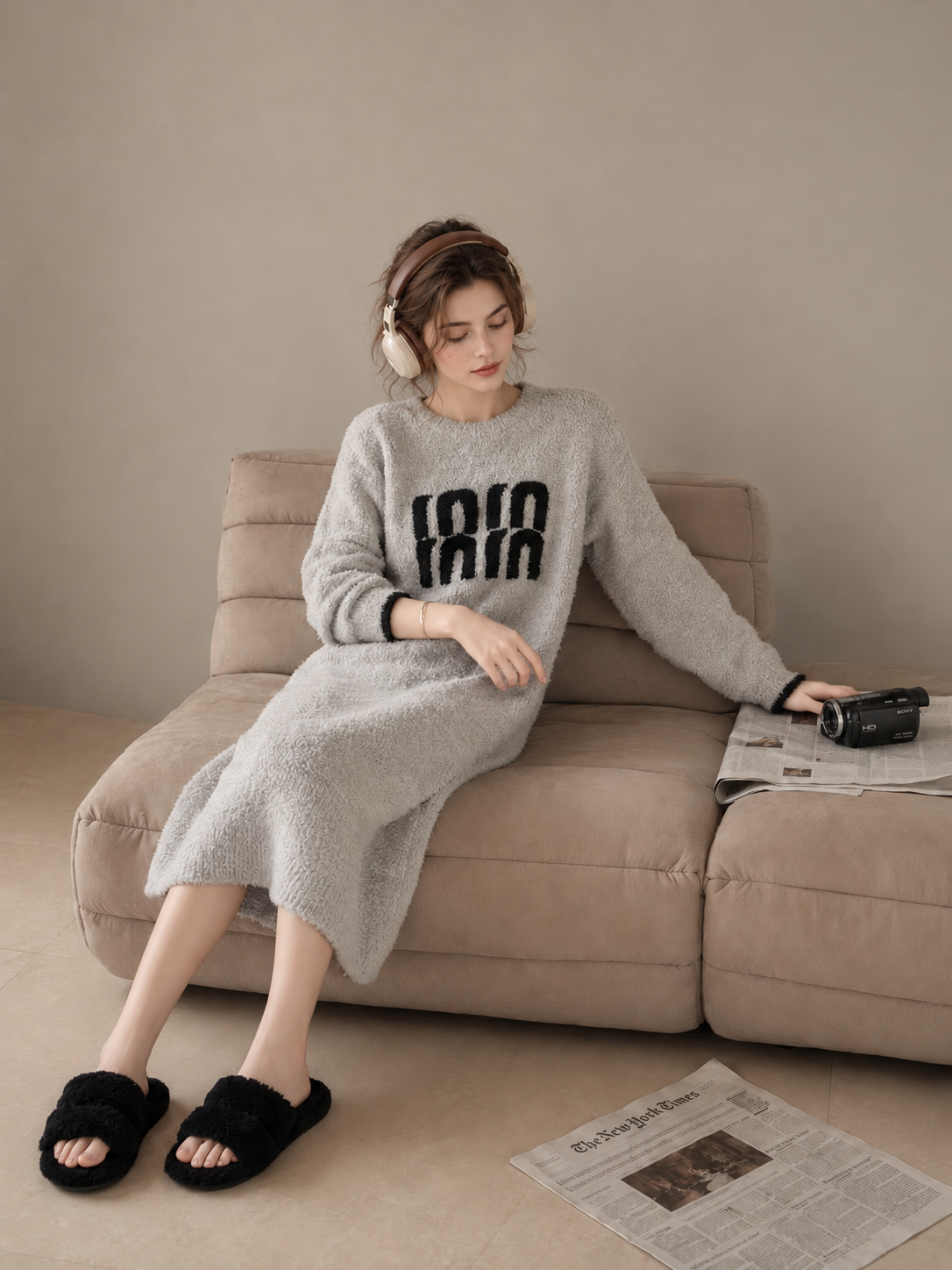 3D Letter Embroidery Crew Neck Half Fleece Nightgown Women's Beige Contrast Cuff Warm Winter Sleep Dress - Image 13
