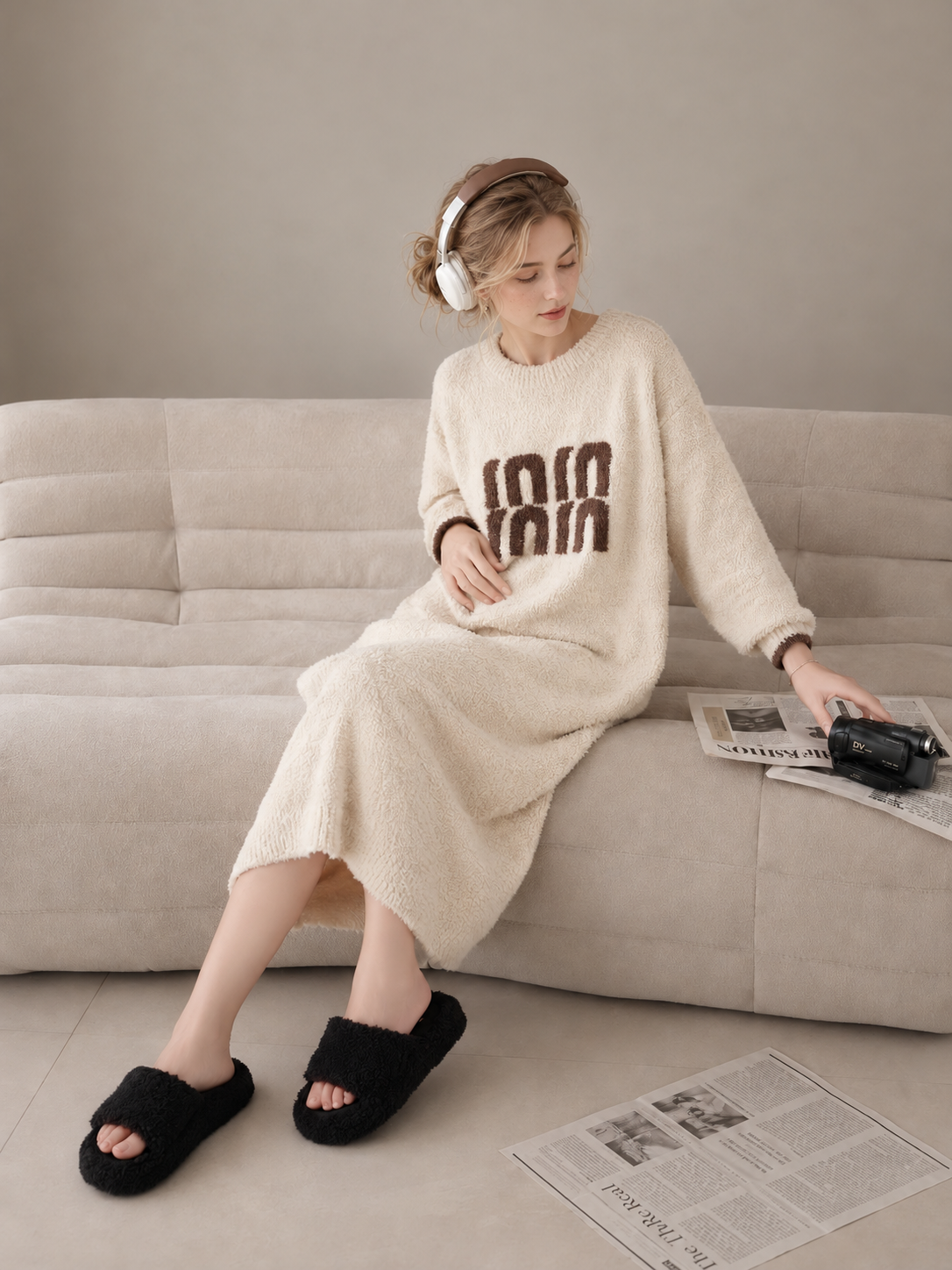 3D Letter Embroidery Crew Neck Half Fleece Nightgown Women's Beige Contrast Cuff Warm Winter Sleep Dress - Image 4