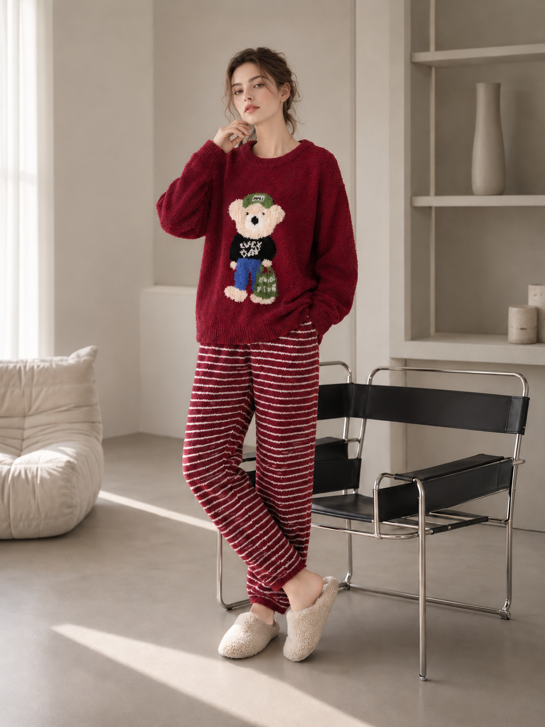 Teddy Bear Print Crew Neck Half Fleece Pajama Set Women's Red Striped Jogger Pants Warm Winter Loungewear - Image 14