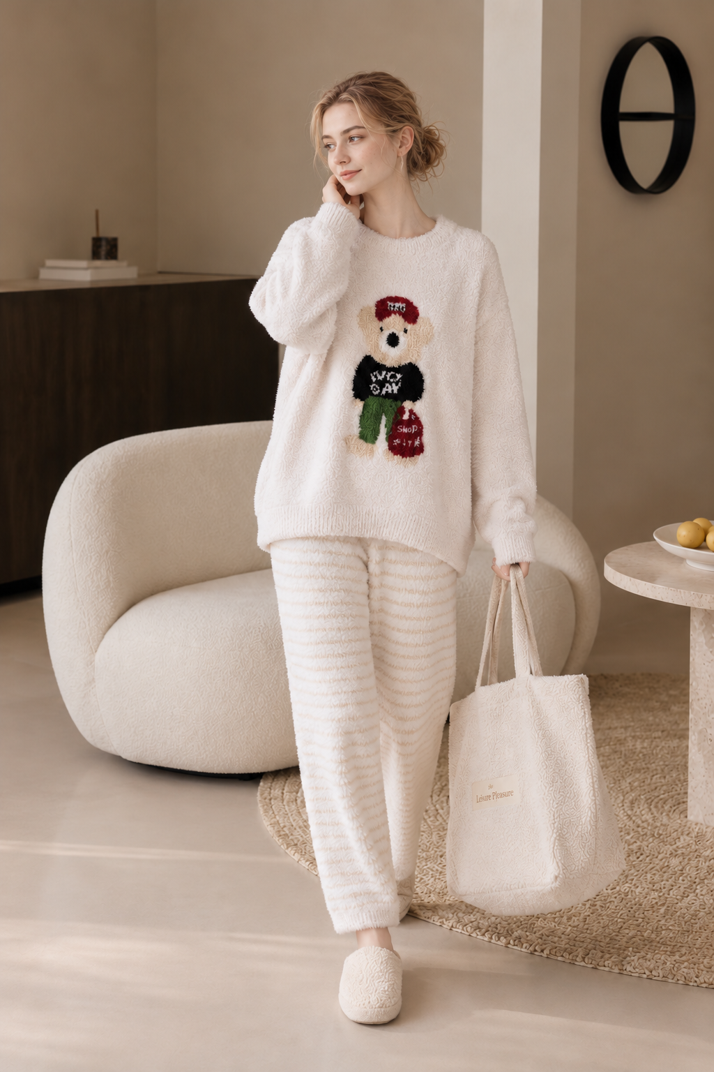 Teddy Bear Print Crew Neck Half Fleece Pajama Set Women's Red Striped Jogger Pants Warm Winter Loungewear - Image 6