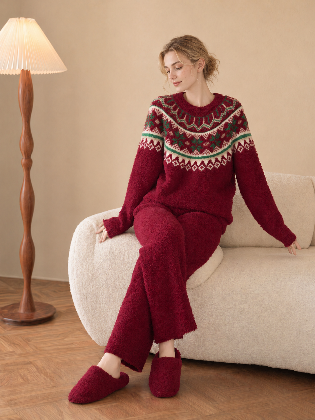 Cream Fair Isle Yoke Crew Neck Half Fleece Pajama Set Women's Vintage Winter Loungewear - 이미지 19