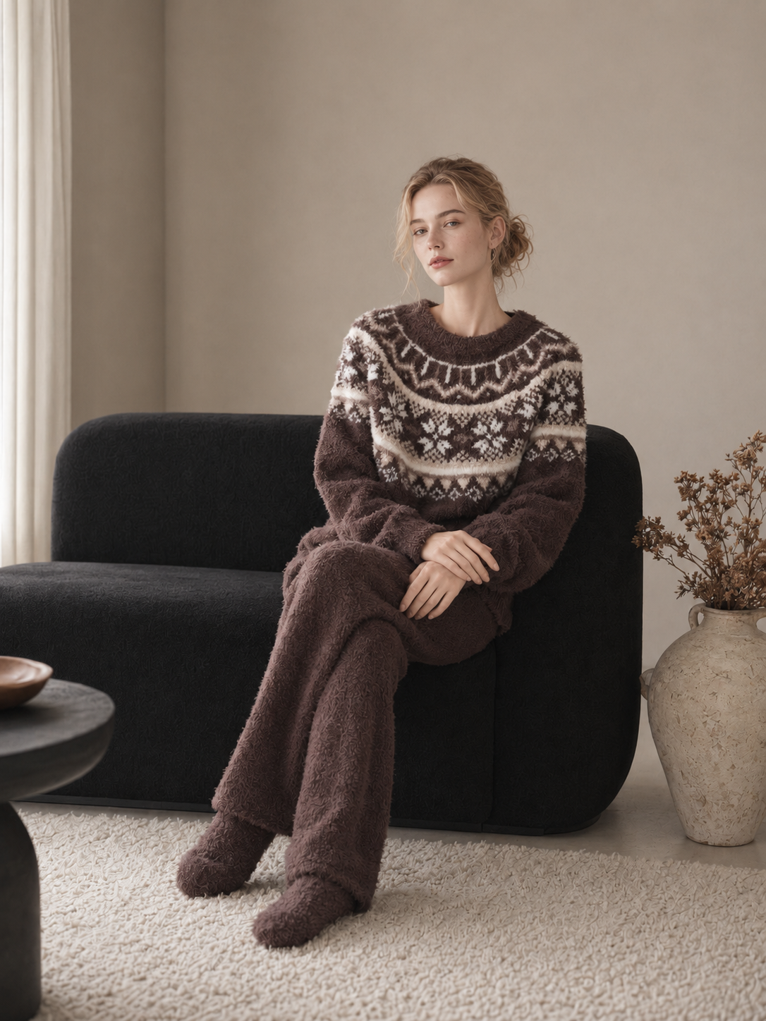 Cream Fair Isle Yoke Crew Neck Half Fleece Pajama Set Women's Vintage Winter Loungewear - 이미지 14