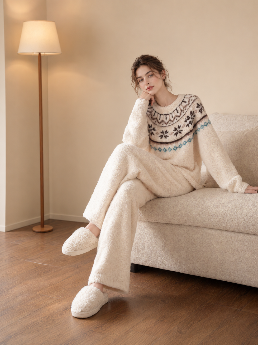 Cream Fair Isle Yoke Crew Neck Half Fleece Pajama Set Women's Vintage Winter Loungewear - 이미지 5