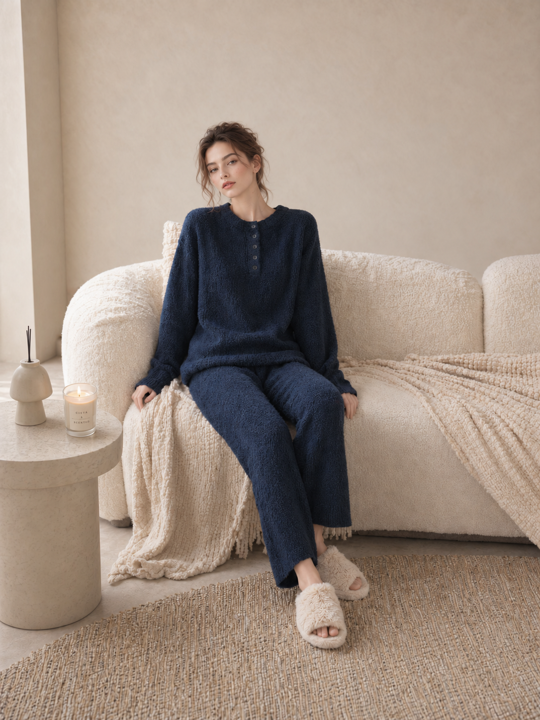 Oatmeal Henley Half Fleece Pajama Set Men's Warm Winter Loungewear with Pockets - Image 5