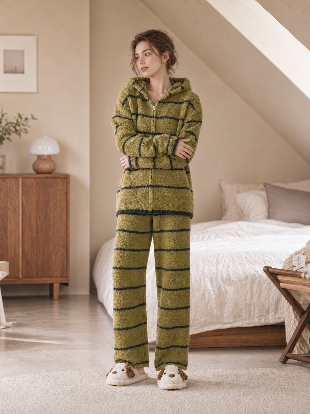 Green White Striped Zip Up Hooded Half Fleece Pajama Set Women's Warm Winter Loungewear with Pockets - Image 7