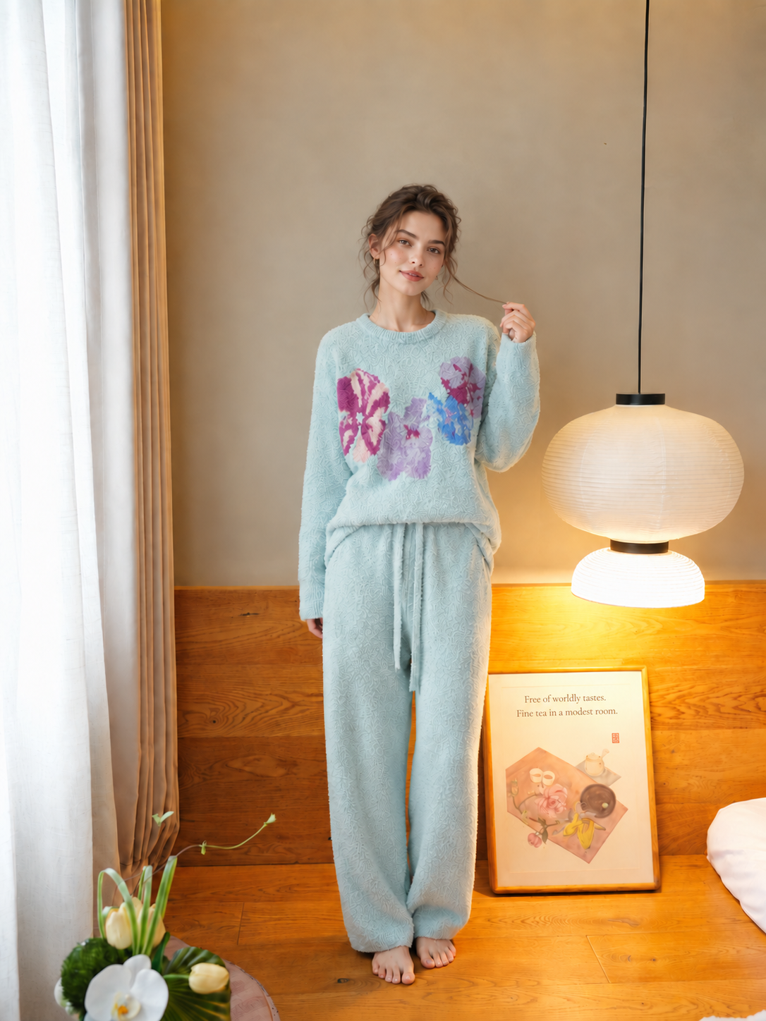 Cream Colorful Floral Print Crew Neck Half Fleece Pajama Set Women's Warm Winter Loungewear - Image 4