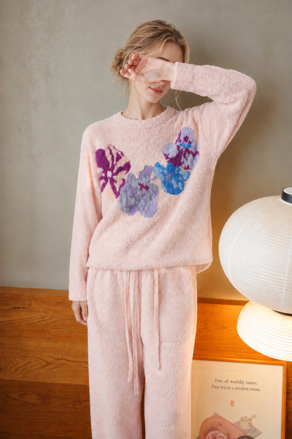 Cream Colorful Floral Print Crew Neck Half Fleece Pajama Set Women's Warm Winter Loungewear - Image 10