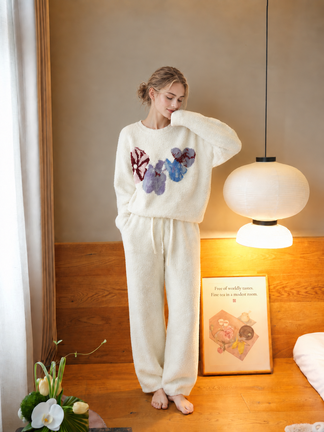 Cream Colorful Floral Print Crew Neck Half Fleece Pajama Set Women's Warm Winter Loungewear - Image 20