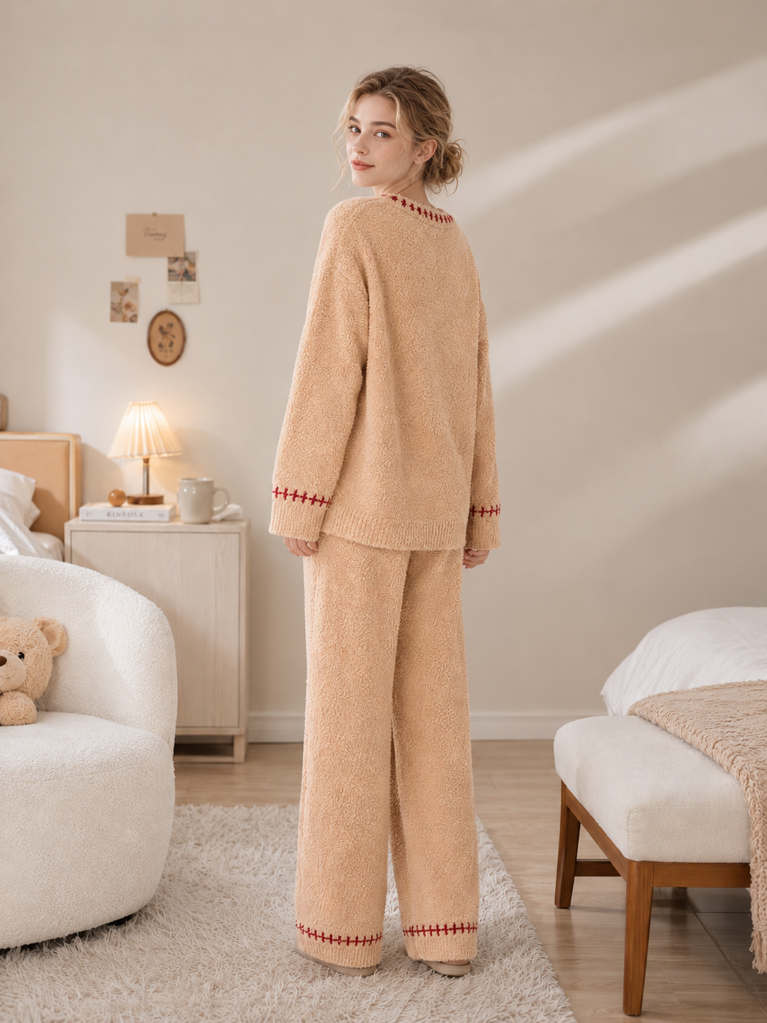 Women's Khaki Half Fleece Loungewear Set, Crew Neck Long Sleeve Top & Wide Leg Trousers, Bear Jacquard Pattern, Red Contrast Stitching Detail