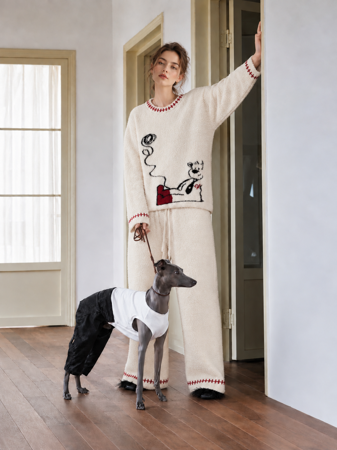 Women's Cream Half Fleece Sleepwear Set, Crew Neck Long Sleeve Top & Wide Leg Trousers, Bear Graphic Pattern, Red Stitching Trim, Soft Fluffy Fleece