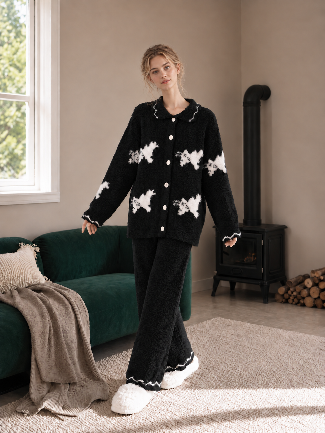 Women's Black Half Fleece Loungewear Set, Collared Button Cardigan Top & Elastic Waist Wide Leg Pants, Puppy Jacquard, Contrast Hem Trim Detail