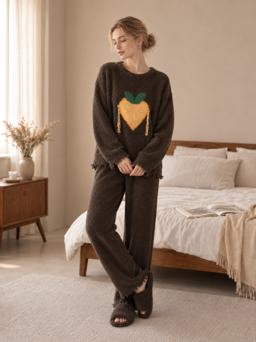 Women's Dark Brown Jacquard Half Fleece Sleepwear Set, Long Sleeve Crew Neck, Peach Tassel Embroidery, Frayed Hem Design