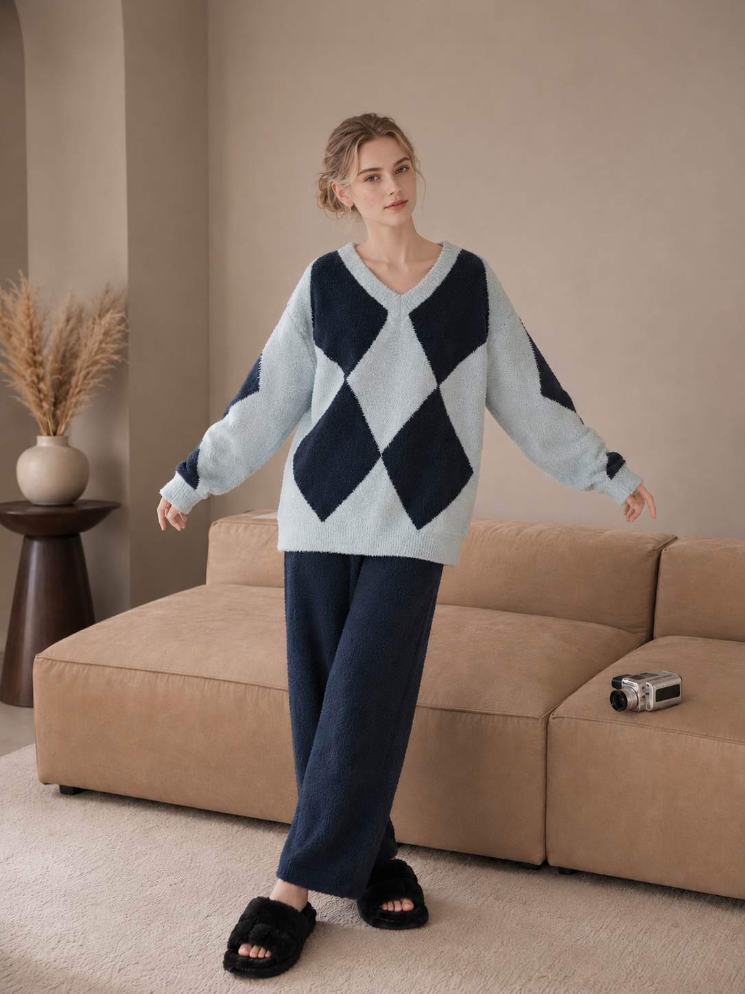 Women's Navy and Light Blue Half Fleece Loungewear Set, Argyle Pattern V-Neck Top, Solid Color Wide Leg Trousers, Elastic Waist