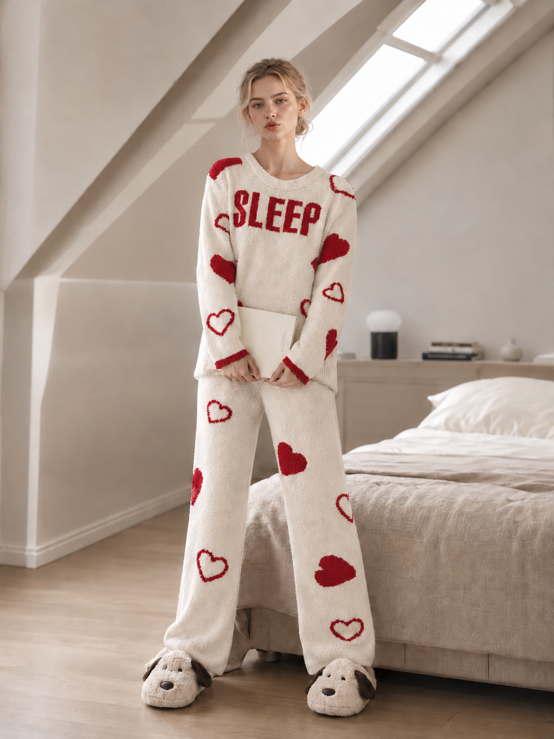 Women's Off-White and Red Half Fleece Loungewear Set, Crew Neck Long Sleeve Top & Wide Leg Pants, Allover Heart Print, Chest SLEEP Letter Jacquard Detail