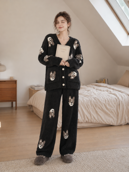 Women's Black and Brown White Half Fleece Loungewear Set, V-Neck Full Button Cardigan Top & Wide Leg Pants, Allover Dog Pattern Jacquard, Front Pocket Detail