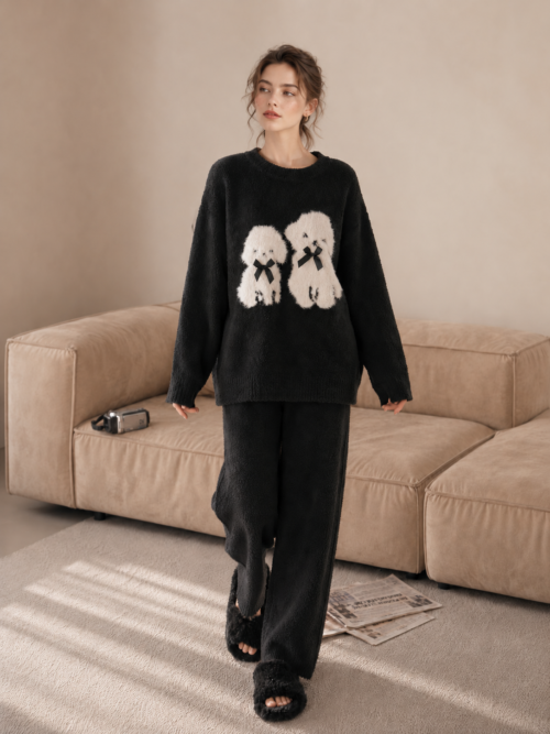 Puppy Chenille Patch Crew Neck Half Fleece Pajama Set Women's Black Warm Winter Loungewear